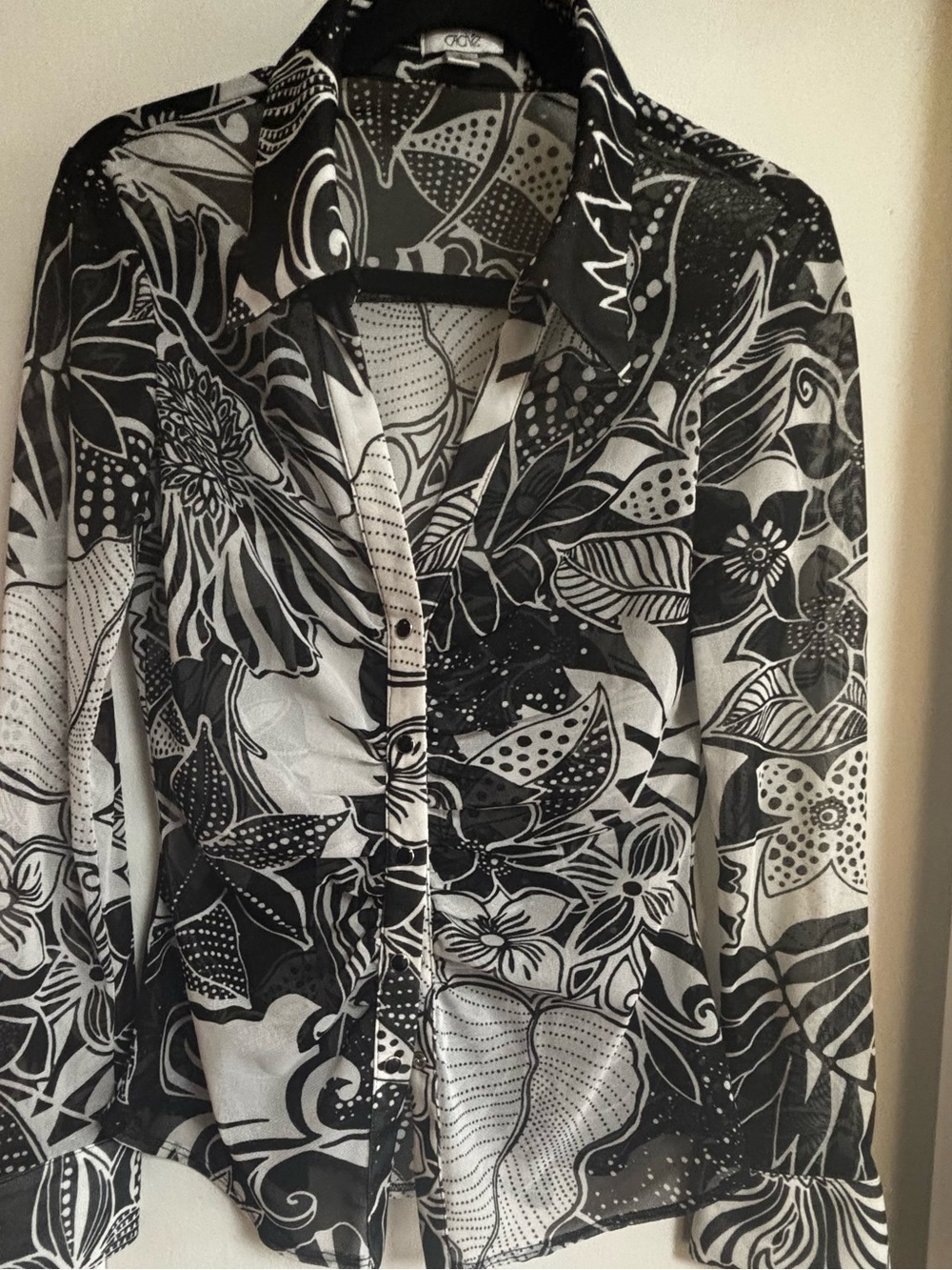 Caché Vintage Sheer Mesh Floral Button Down Blouse
Black White Large